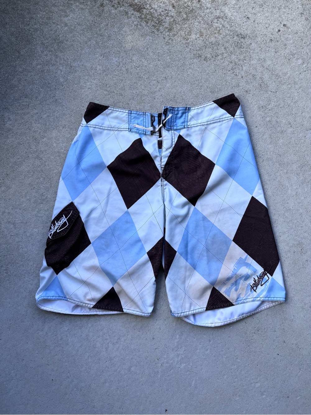 Billabong Light Blue and Black Argyle Swim Board Shorts